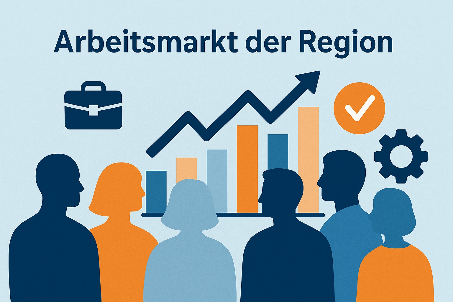 Illustration mit dem Schriftzug ‚Arbeitsmarkt der Region‘. Fünf stilisierte Personen stehen vor Symbolen für Beschäftigung, darunter ein Balkendiagramm, ein Zahnrad und ein Aktenkoffer. Quelle: Grafik erstellt mit KI, ©Jobcenter Bonn