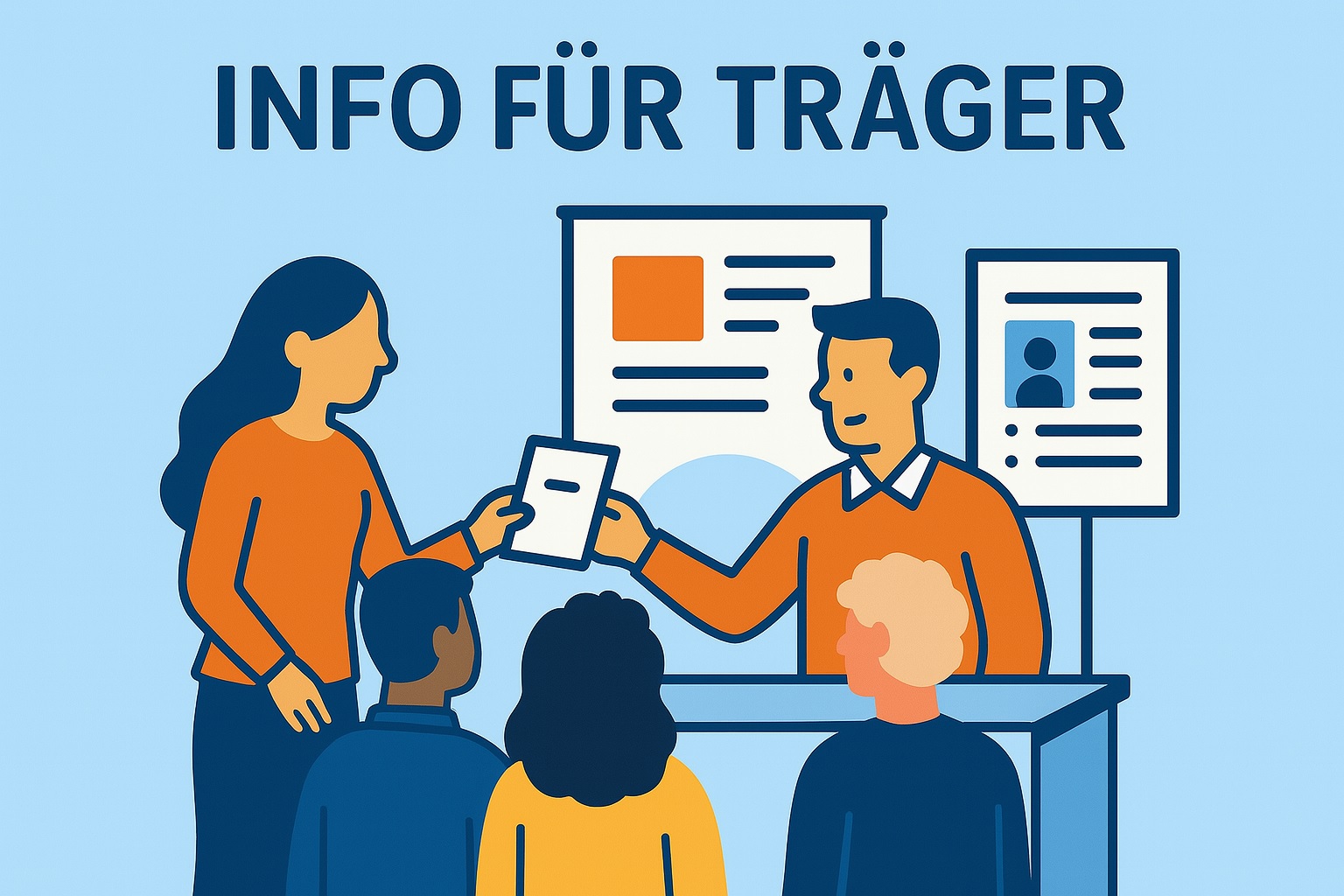 Stilisierte Szene an einem Informationsstand mit der Überschrift ‚Info für Träger‘. Eine Frau überreicht einem Mann hinter dem Stand ein Dokument, drei Personen stehen mit dem Rücken zum Betrachter und und warten, bis sie an der Reihe sind, um mit dem Mann am Stand zu sprechen. Im Hintergrund Informationsplakate, Farbgestaltung in Blau und Orange.