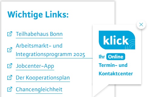 Ausschnitt der Internetseite des Jobcenters mit Button zum Termin- und Kontaktcenter.