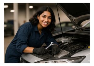Eine junge Frau, KFZ Mechatronikerin in Werkstattkleidung, wartet ein Fahrzeug bei geöffneter Motorhaube. Sie hält einen Schraubenschlüssel in der Hand und lächelt dem Betrachter zu.