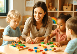 Kinderbetreuerin spielt mit drei Kindern an einem Tisch in einer Kindertagesstätte – Symbolbild für soziale Berufe