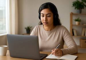 Junge Frau nimmt mit Laptop, Kopfhörern und Notizbuch an einem Online-Workshop teil.