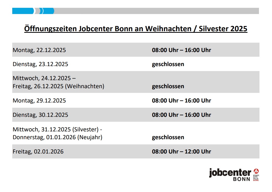 Eingeschränkte Öffnungszeiten an Weihnachten und Silvester 2025.