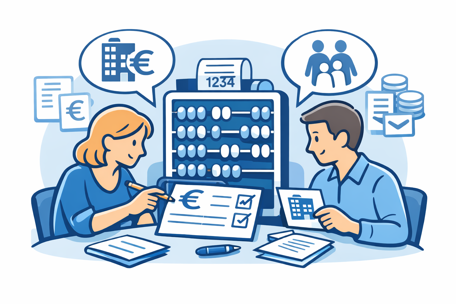 Stilisierte Illustration zeigt zwei Erwachsene bei einer gemeinsamen Berechnung von Leistungen wie Wohngeld oder Kinderzuschlag.