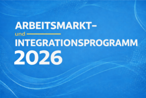 Banner Arbeitsmarkt- und Integrationsprogramm 2026. Weißer Text auf blauem Grund.
