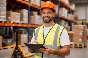 Logistikmitarbeiter im Lager mit Sicherheitsweste und Klemmbrett vor Regalen mit Warenkartons. (Grafik: ©Jobcenter Bonn - erzeugt mit KI)
