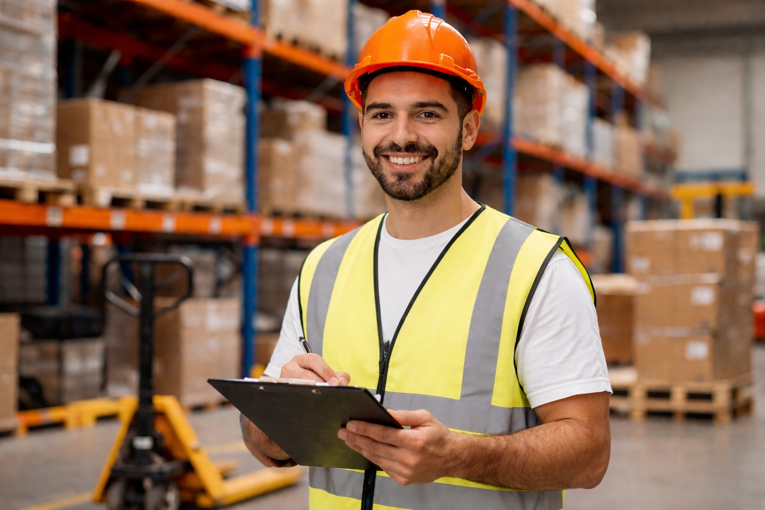 Logistikmitarbeiter im Lager mit Sicherheitsweste und Klemmbrett vor Regalen mit Warenkartons. (Grafik: ©Jobcenter Bonn - erzeugt mit KI)