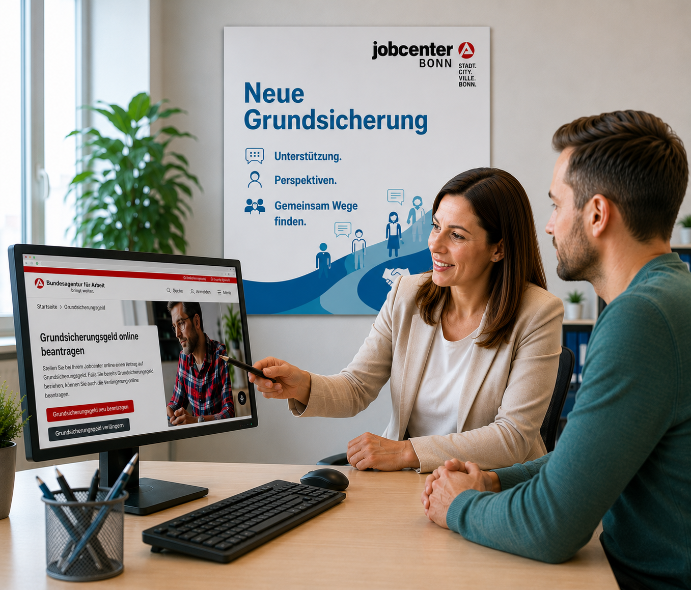 Eine Mitarbeiterin berät einen Kunden am Computer zur neuen Grundsicherung. ©Jobcenter Bonn - erzeugt mit KI
